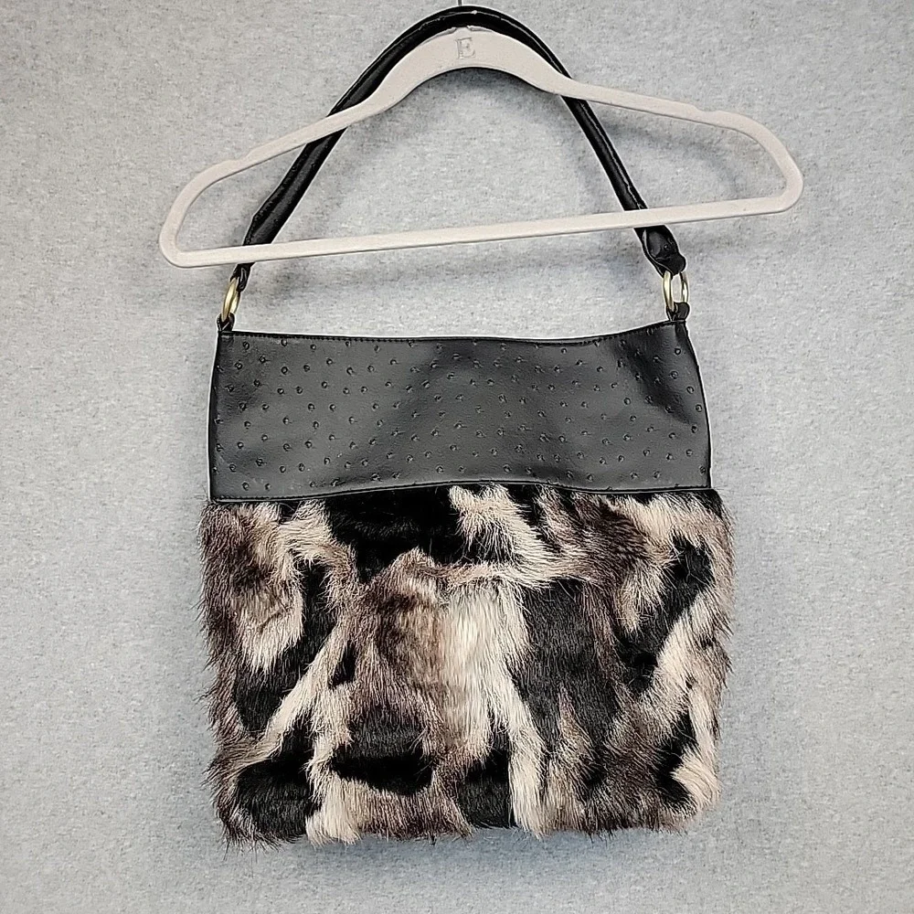 DEESIGNS Purse By Ocleppo Hobo‎ Shoulder Bag Faux Black Leather & Fur Statement